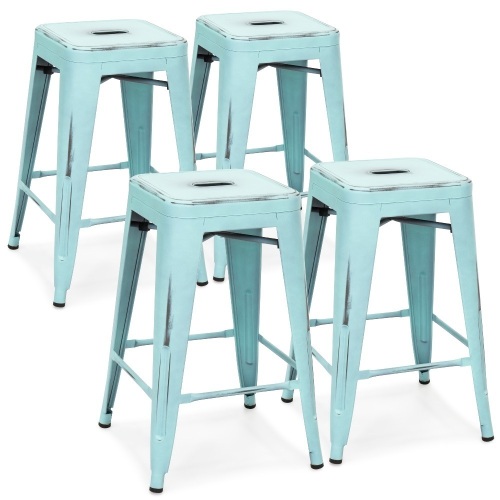 24" Stackable Modern Industrial Distressed Metal Counter Height Bar Stools, Set of 4   - Lot 652