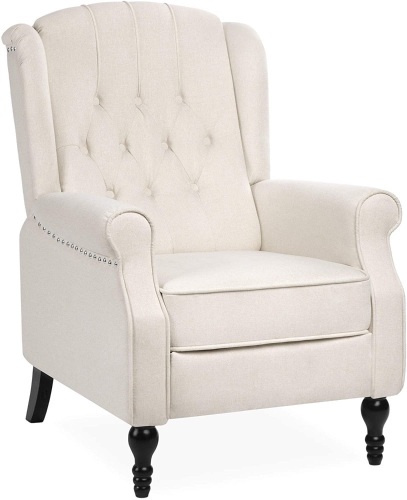 Tufted Upholstered Wingback Push Back Recliner Armchair w/Nailhead Trim, Wooden Legs - Lot 402