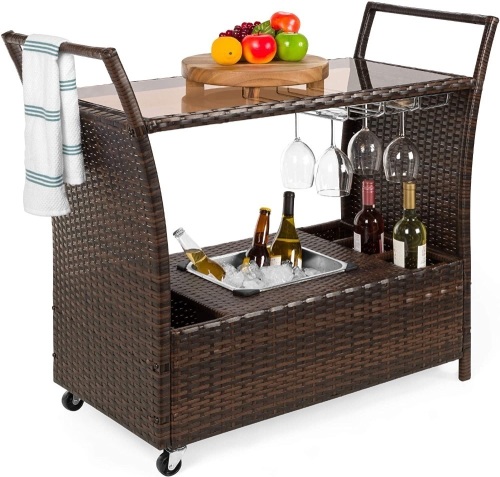 Wicker Serving Bar Cart w/ Ice Bucket, Wine Rack - Lot 426
