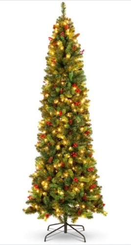 12ft Pre-Lit Spruce Pencil Christmas Tree w/ Berries, Pine Cones - Lot 107