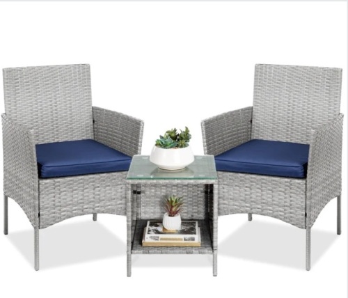 3-Piece Outdoor Patio Wicker Bistro Set w/ Side Storage Table - Lot 155