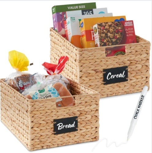 Set of 2 Water Hyancinth Pantry Baskets w/ Chalkboard, Marker - 16in - Lot 467