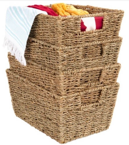 Set of 4 Seagrass Storage Tote Baskets, Laundry Organizer w/ Insert Handles - Lot 574