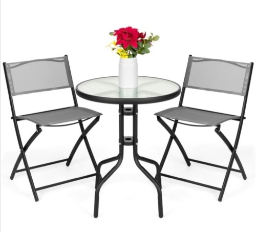 3-Piece Bistro Set w/ Glass Table, 2 Foldable Chairs - Lot 96