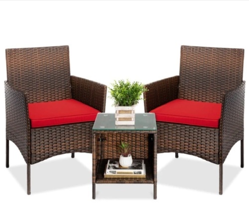 3-Piece Outdoor Patio Wicker Bistro Set w/ Side Storage Table - Lot 59
