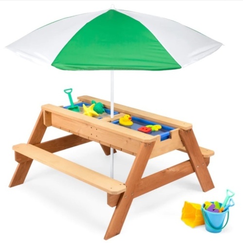 3-in-1 Kids Sand & Water Table Outdoor Wood Picnic Table w/ Umbrella - Lot 79