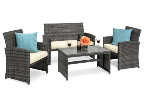4-Piece Outdoor Wicker Conversation Patio Set w/ 4 Seats, Glass Table Top - Lot 93