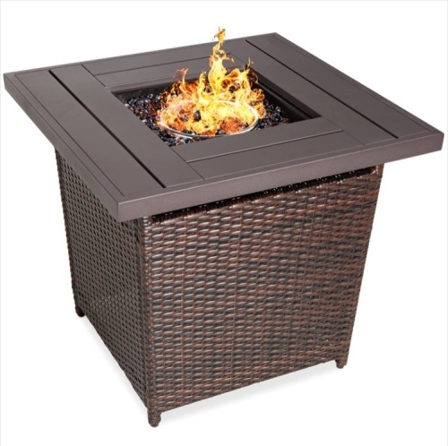 28in Fire Pit Table 50,000 BTU Wicker Propane w/ Faux Wood Tabletop, Cover - Lot 94