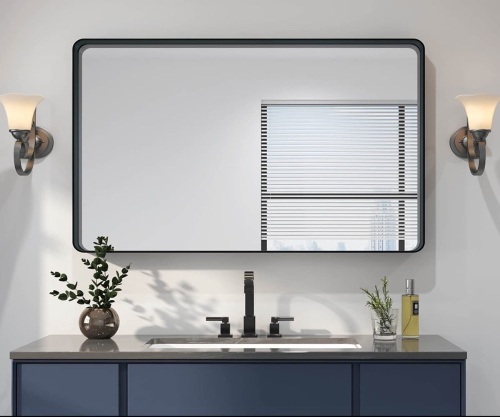 OKPAL 60 x 28 Bathroom Mirror with Black Metal Frame for Wall - Lot 1297