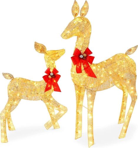 2-Piece Lighted Christmas Deer Family, Outdoor Yard Decoration Set with 210 LED Lights, Stakes, Zip Ties - Gold - Lot 475