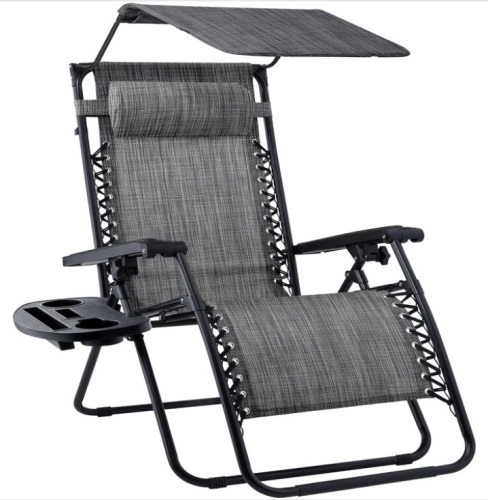 Folding Zero Gravity Recliner Patio Lounge Chair w/ Canopy, Side Tray - Lot 119
