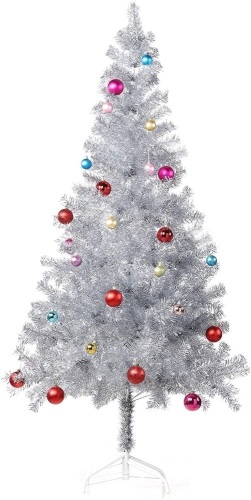 Wellwood 6 ft Silver Tinsel Christmas Tree with 24ct Assorted Ornament Set - Lot 306