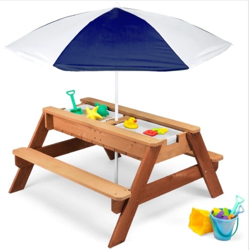 3-in-1 Kids Sand & Water Table Outdoor Wood Picnic Table w/ Umbrella - Lot 307