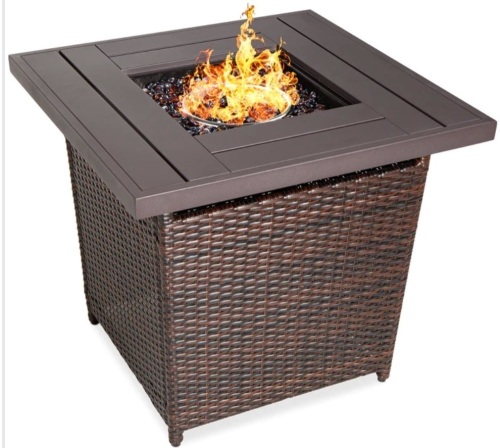 28in Fire Pit Table 50,000 BTU Wicker Propane w/ Faux Wood Tabletop, Cover - Lot 333