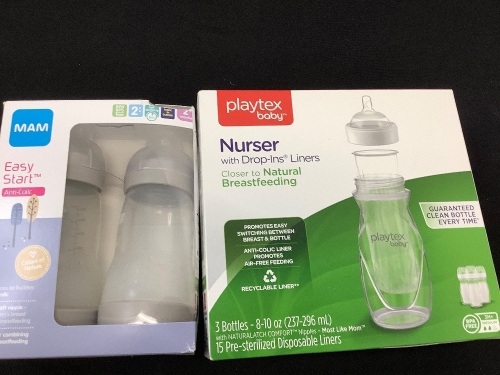 Set of 2 MAM Anti-colic Bottles & 3 Playtex Bottles w/ 15 Drop In Liners - Lot 389Y