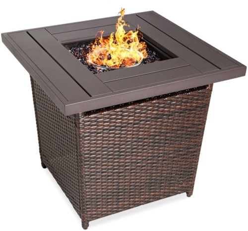 28in Fire Pit Table 50,000 BTU Wicker Propane w/ Faux Wood Tabletop, Cover - Lot 34