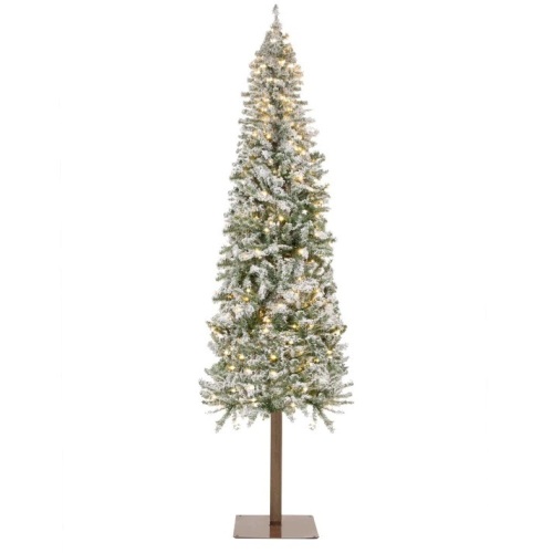 Pre-Lit Snow Flocked Alpine Slim Pencil Christmas Tree w/ LED Lights, Stand - Lot 1505