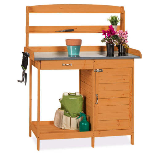 Garden Wooden Potting Bench w/ Metal Table Top - Natural - Lot 1521
