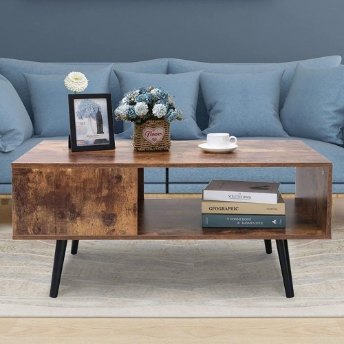 usikey Wooden Coffee Table, Mid-Century Coffee Table with Storage Open Shelf, Accent Cocktail Table for Living Room, Reception, Rustic Brown - Lot 1625