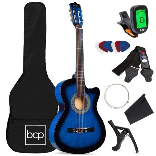 Beginner Acoustic Cutaway Guitar Set w/ Case, Strap, Capo - 38in - Lot 1800