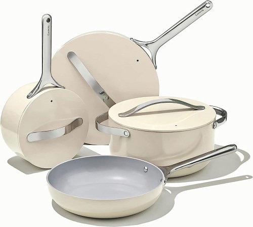 Caraway Nonstick Ceramic Cookware Set (12 Piece) Pots, Pans, Lids and Kitchen Storage - Non Toxic, PTFE & PFOA Free - Oven Safe & Compatible with All Stovetops (Gas, Electric & Induction) - Cream - Lot 1757