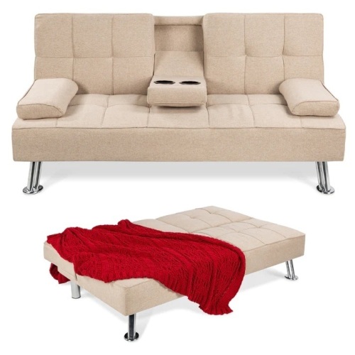 Linen Upholstered Convertible Sofa Bed Futon w/ 2 Cupholders - Lot 1811