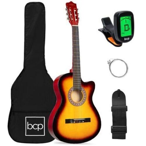 Beginner Acoustic Cutaway Guitar Set w/ Case, Strap, Capo - 38in  - Lot 610