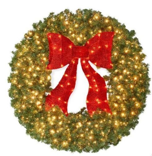 48in Artificial Pre-Lit Fir Christmas Wreath Decor w/ Red Bow, 250 LED Lights, 900 Tips, Plug-In - Lot 588