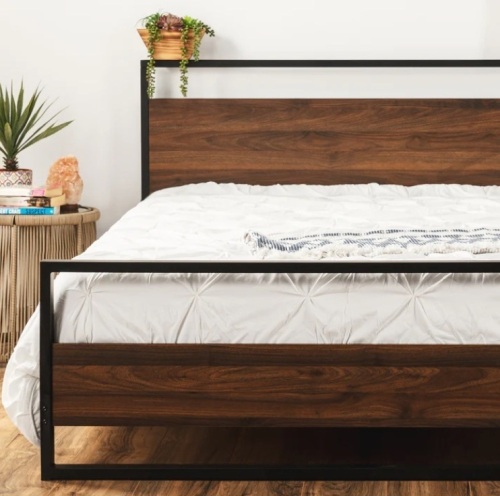 Metal Wood Platform Queen Bed Frame w/ Wooden Slats - Lot 17