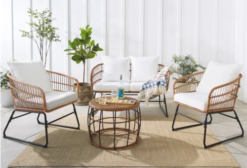 4-Piece Rope Wicker Outdoor Conversation Set w/ Cushions, Table - Lot 31G