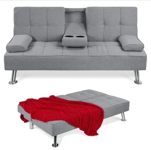 Linen Upholstered Convertible Sofa Bed Futon w/ 2 Cupholders - Lot 34