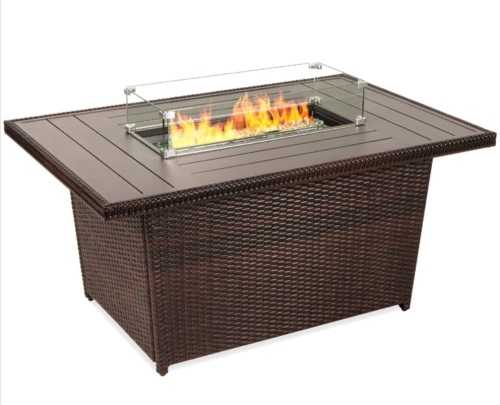 Wicker Propane Fire Pit Table, 50,000 BTU w/ Glass Wind Guard, Cover - 52in - Lot 49
