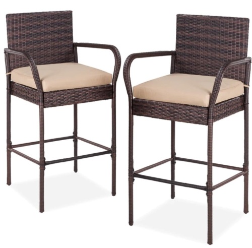 Set of 2 Indoor Outdoor Wicker Bar Stools w/ Cushion, Footrests, Armrests - Lot 59G