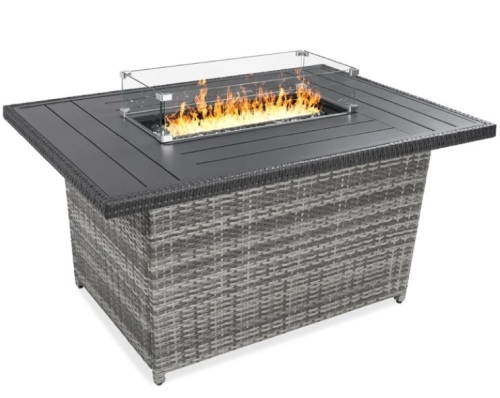 Wicker Propane Fire Pit Table, 50,000 BTU w/ Glass Wind Guard, Cover - 52in - Lot 98