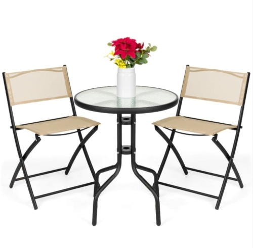 3-Piece Bistro Set w/ Glass Table, 2 Foldable Chairs - Lot 267