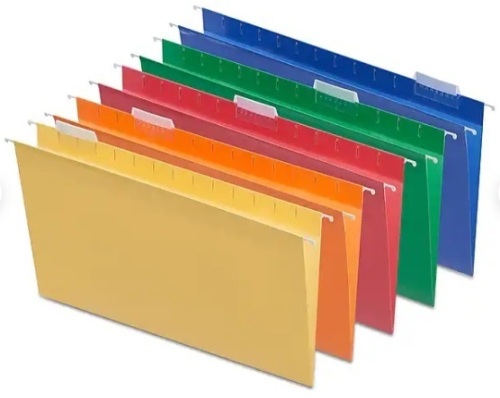 Case of 5 Boxes of Hanging File Folders, Legal Size, Assorted Colors, 25/Box - Lot 579