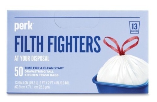 Case of 6 Boxes Perk Drawstring Kitchen Trash Bags, 13 gal, White, 50/Box - Lot 310