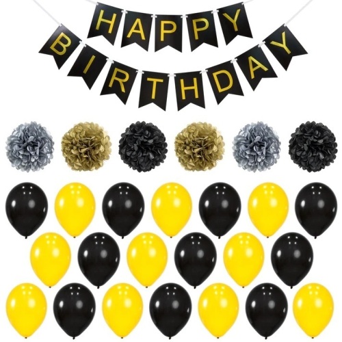 Box of 50 Birthday Party Decor Sets w/ Banner, 6 Pom-Poms, 20 Balloons - Gold/Black - Lot 2041