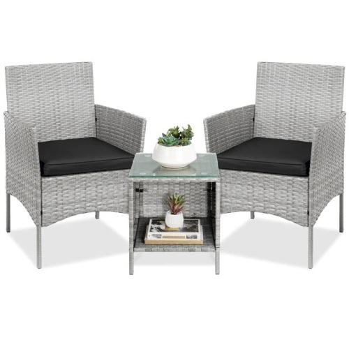 3-Piece Outdoor Patio Wicker Bistro Set w/ Side Storage Table - Lot 2083
