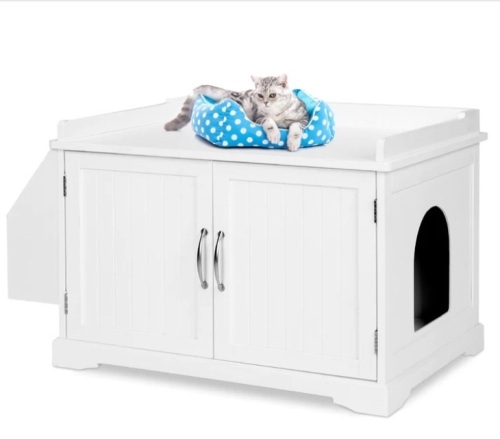 Large Wooden Cat Litter Box Enclosure & Storage Cabinet w/ Magazine Rack - Lot 202
