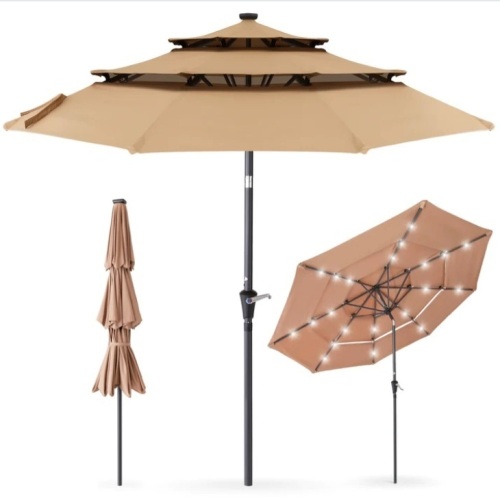 3-Tier Solar Patio Umbrella w/ LED Lights, Tilt Adjustment, Crank - 10ft - Lot 308