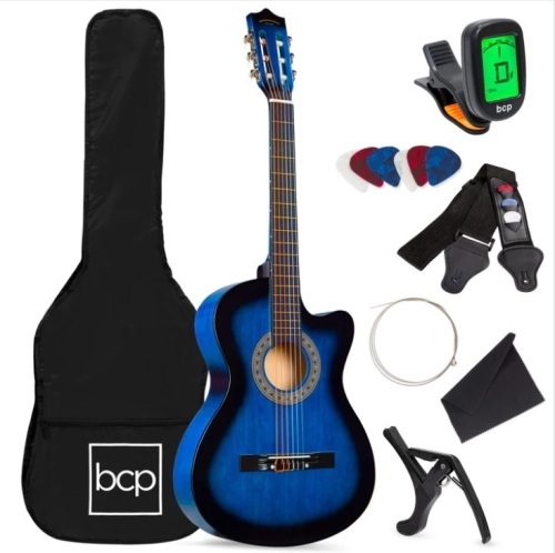 Beginner Acoustic Cutaway Guitar Set w/ Case, Strap, Capo - 38in - Lot 580