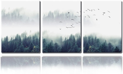 3 Piece Canvas Wall Art, Morning Foggy Silent Forest - Landscape View - Lot 424