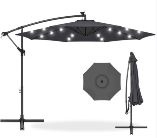 Solar LED Offset Hanging Patio Umbrella w/ Crank Tilt Adjustment - 10ft - Lot 403