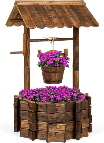 Rustic Wooden Wishing Well Planter Yard Decoration w/ Hanging Bucket - Lot 188