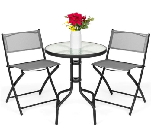 3-Piece Bistro Set w/ Glass Table, 2 Foldable Chairs - Lot 148