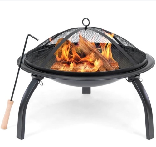 22in Fire Pit Bowl w/ Mesh Cover, Poker - Lot 215