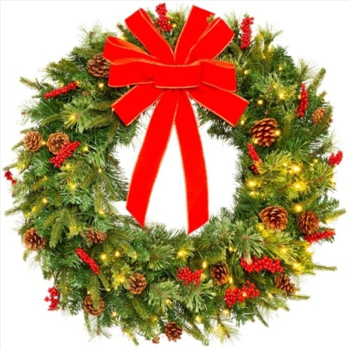 Pre-Lit Battery Powered Christmas Wreath w/ Lights, PVC Tips, Ribbon - Lot 551