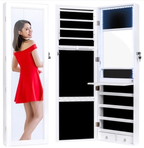 Door/Wall Mount Mirror Jewelry Cabinet Armoire w/ Inside Mirror, LED Lights - Lot 571