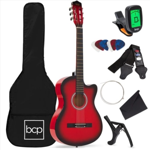 Beginner Acoustic Cutaway Guitar Set w/ Case, Strap, Capo - 38in - Lot 607